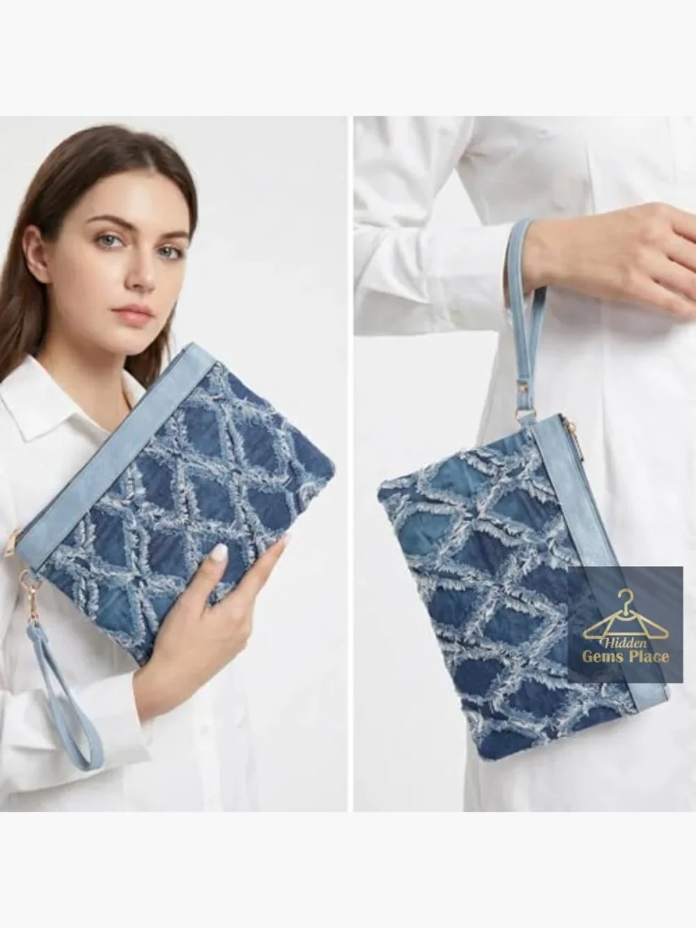 Distressed Denim Evening Purse Pu Leather Clutch Handbag Wristlet Bag
